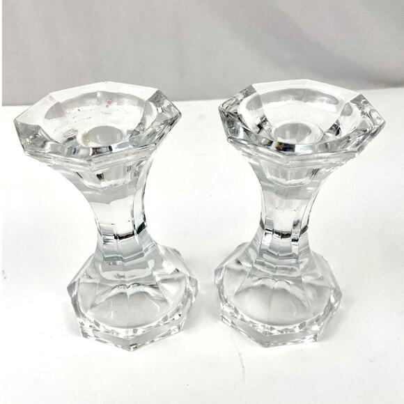 VTG Pair Of Heavy Lead Crystal Glass Candlesticks 5.5” Ornate Candle Holder - Picture 1 of 11